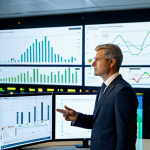 A professional electrical engineer, fully clothed in a modest business suit, stands in a clean, modern energy control center. They are confidently observing large interactive screens displaying real-time smart grid data, with visual representations of renewable energy sources like wind turbines and solar farms in the background. The environment is high-tech, brightly lit, and emphasizes innovation and efficiency. Safe for work, appropriate content, professional dress, perfect anatomy, correct proportions, natural pose, high quality, well-formed hands, proper finger count, natural body proportions.