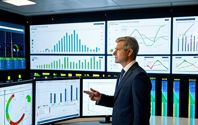 A professional electrical engineer, fully clothed in a modest business suit, stands in a clean, modern energy control center. They are confidently observing large interactive screens displaying real-time smart grid data, with visual representations of renewable energy sources like wind turbines and solar farms in the background. The environment is high-tech, brightly lit, and emphasizes innovation and efficiency. Safe for work, appropriate content, professional dress, perfect anatomy, correct proportions, natural pose, high quality, well-formed hands, proper finger count, natural body proportions.
