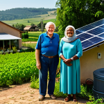 A diverse, multi-generational family, fully clothed in modest, everyday attire, gathers happily around their home in a sunlit, rural setting. A prominent rooftop solar panel system is visible on their house, symbolizing energy independence. In the background, lush green fields indicate a thriving agricultural community potentially utilizing solar irrigation. The scene conveys a sense of peace and progress. This image should have perfect anatomy, correct proportions, and a natural pose, with well-formed hands and proper finger count. It is safe for work, appropriate content, and family-friendly, rendered with professional photography and high quality.
