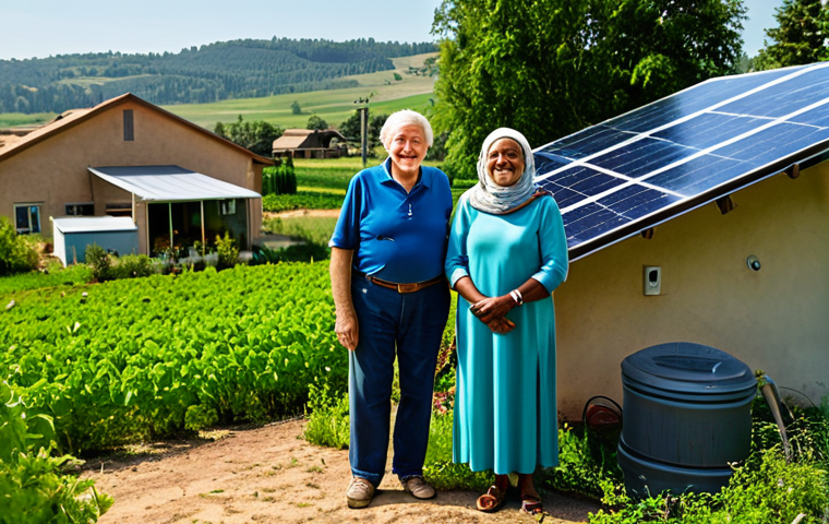 A diverse, multi-generational family, fully clothed in modest, everyday attire, gathers happily around their home in a sunlit, rural setting. A prominent rooftop solar panel system is visible on their house, symbolizing energy independence. In the background, lush green fields indicate a thriving agricultural community potentially utilizing solar irrigation. The scene conveys a sense of peace and progress. This image should have perfect anatomy, correct proportions, and a natural pose, with well-formed hands and proper finger count. It is safe for work, appropriate content, and family-friendly, rendered with professional photography and high quality.