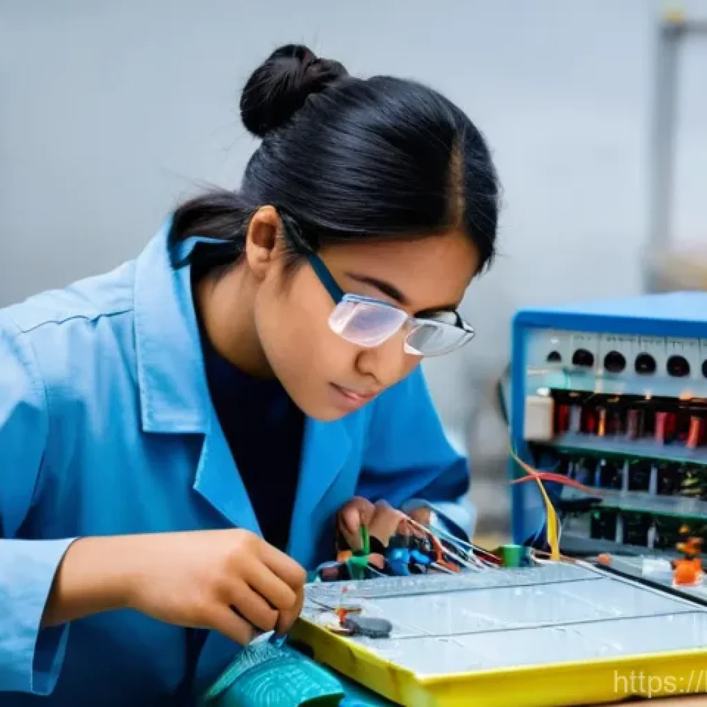 전기기사 실기시험에서의 채점 기준 - **Prompt:** A young, focused electrical engineering student, perhaps a female in her early twenties,...