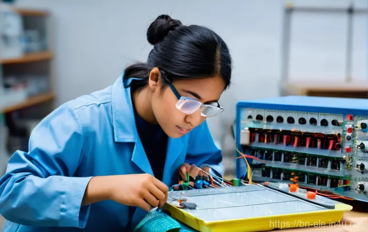 전기기사 실기시험에서의 채점 기준 - **Prompt:** A young, focused electrical engineering student, perhaps a female in her early twenties,...