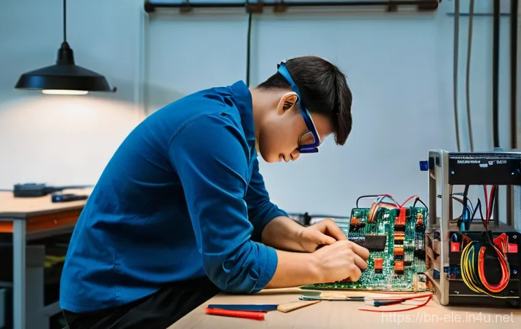 전기기사 실기시험에서의 채점 기준 - **Prompt:** A skilled technician, a male in his thirties with a short, neat beard, demonstrating the...