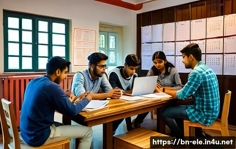전기기사 시험 대비 스터디 그룹 활용 - A diverse group of Bengali students in their late teens or early twenties sitting around a wooden ta...