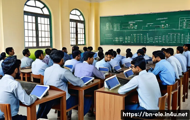 전기기사 자격증과 관련 학위의 관계 - A detailed illustration of a Bengali university classroom focused on electrical engineering students...