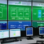 전기분야에서의 법적 분쟁 사례 - A detailed scene showing a modern electricity control room in Bangladesh, with Bengali text on digit...