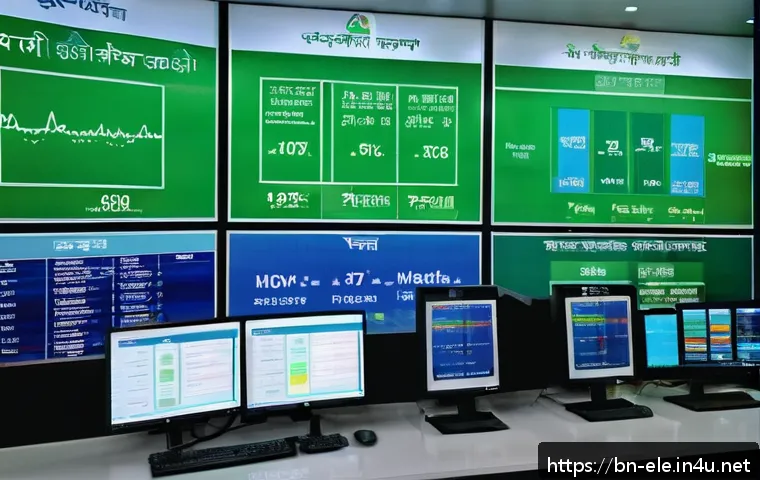 전기분야에서의 법적 분쟁 사례 - A detailed scene showing a modern electricity control room in Bangladesh, with Bengali text on digit...
