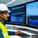 전기공사기사와 공공 전력 프로젝트 - A professional electrical engineer in a modern government power project control room, wearing safety...