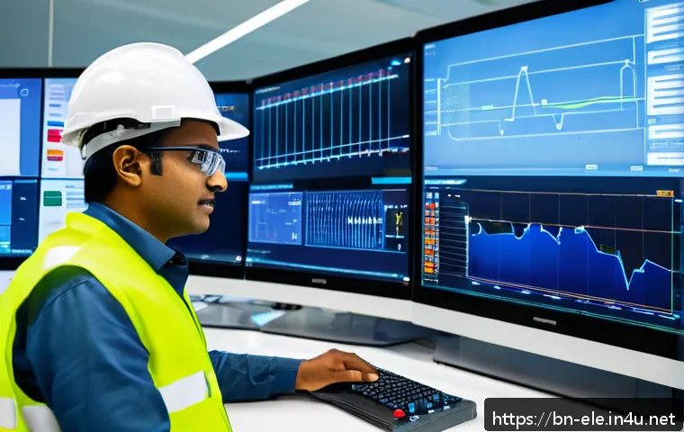전기공사기사와 공공 전력 프로젝트 - A professional electrical engineer in a modern government power project control room, wearing safety...